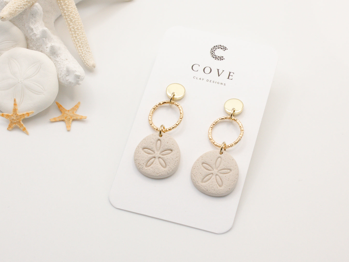 Round Sand Dollar Floral Dangles - Cove Clay Designs