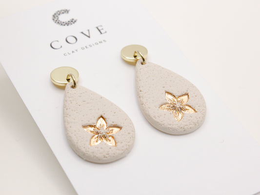 Pressed Gold Floral Teardrop Dangle Earrings - Cove Clay Designs