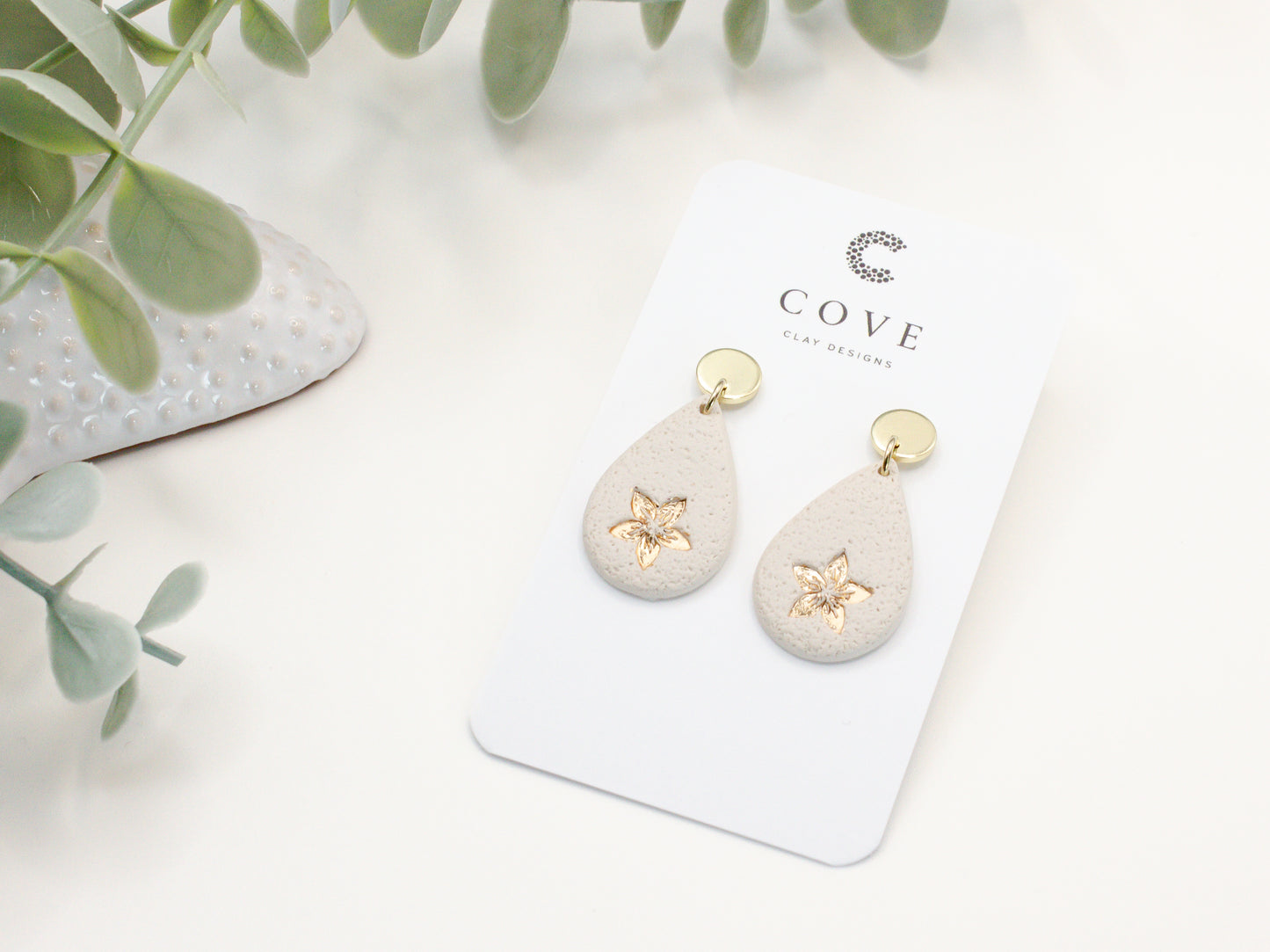 Pressed Gold Floral Teardrop Dangle Earrings - Cove Clay Designs