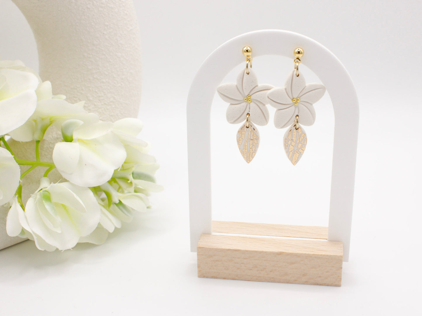 White Plumeria Flower Tropical Clay Dangle Earrings - No 19 - Cove Clay Designs