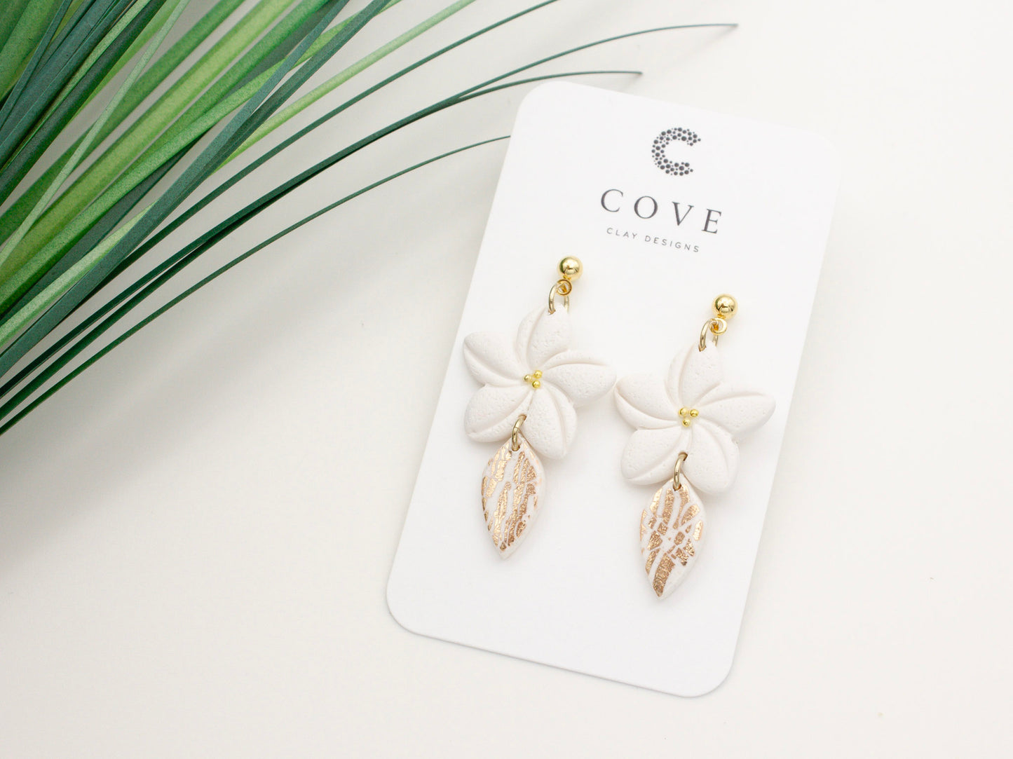 White Plumeria Flower Tropical Clay Dangle Earrings - No 19 - Cove Clay Designs