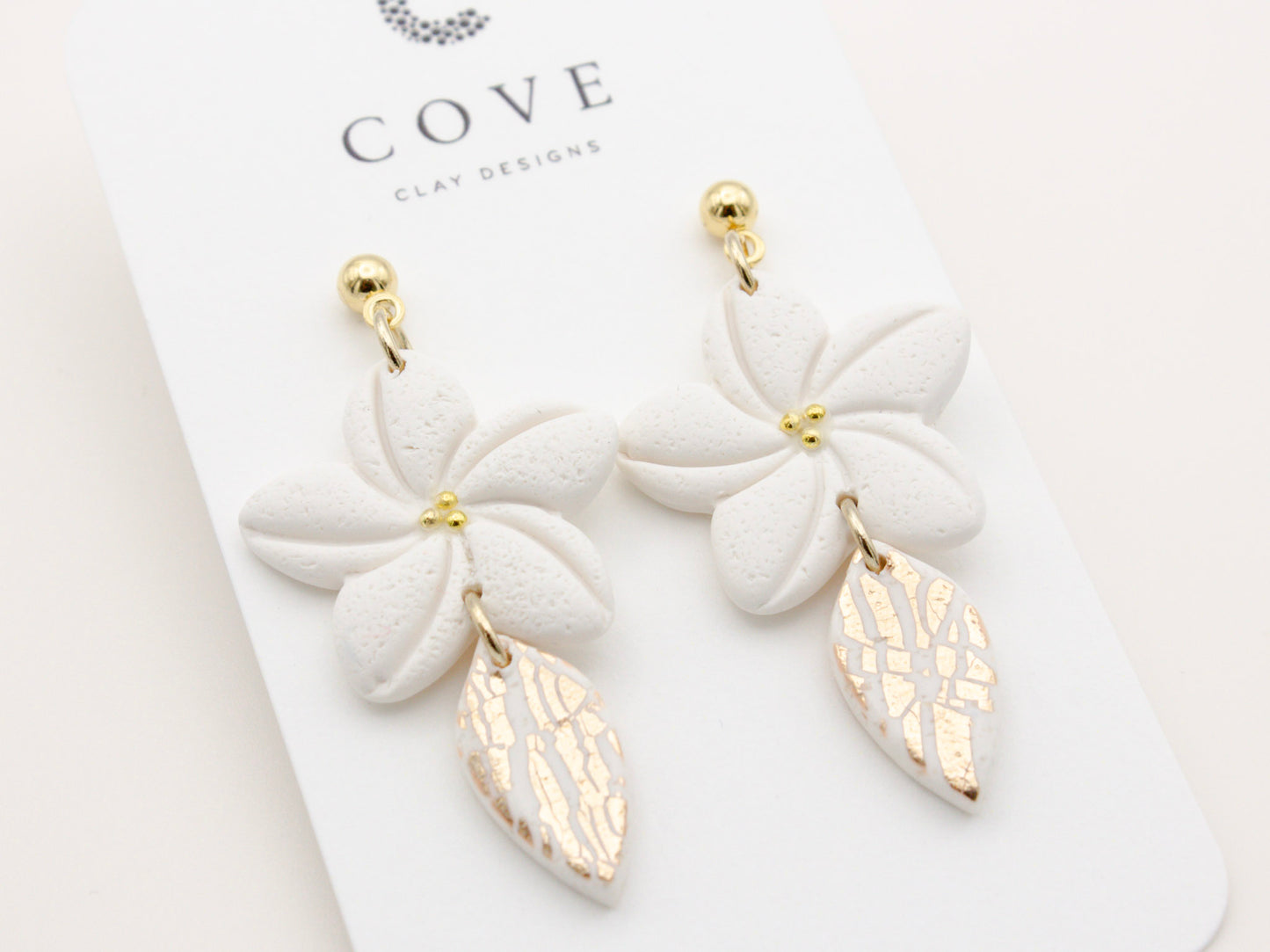 White Plumeria Flower Tropical Clay Dangle Earrings - No 19 - Cove Clay Designs