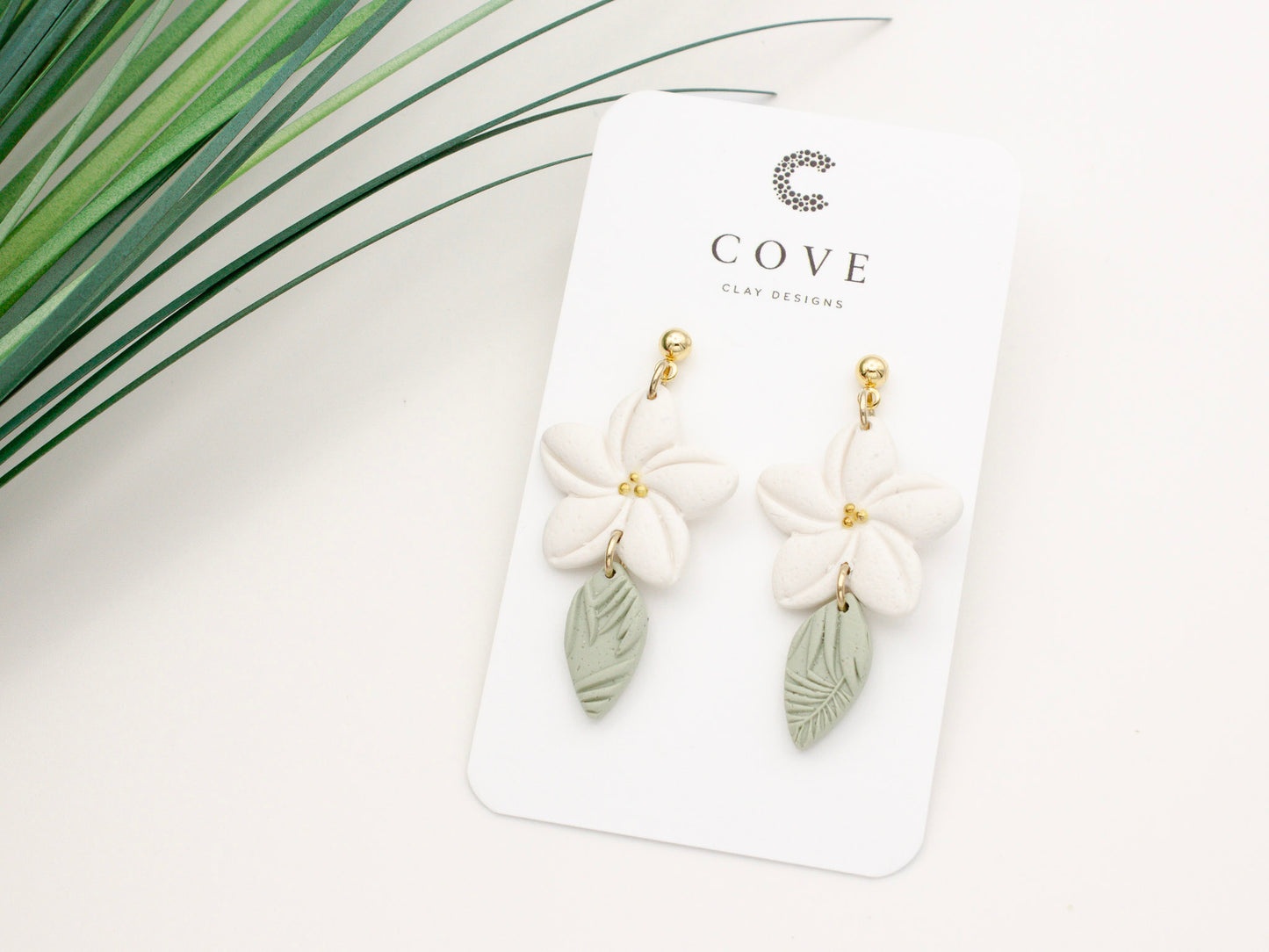 White & Green Plumeria Flower Tropical Dangle Earrings - No 18 - Cove Clay Designs