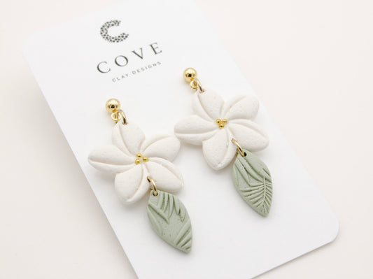 White & Green Plumeria Flower Tropical Dangle Earrings - No 18 - Cove Clay Designs