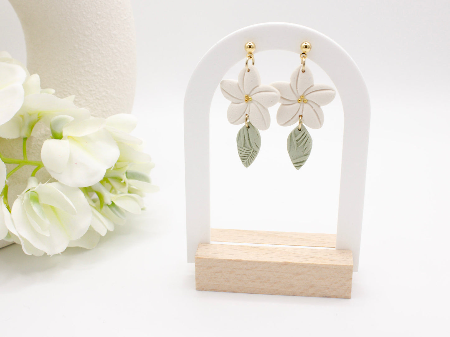 White & Green Plumeria Flower Tropical Dangle Earrings - No 18 - Cove Clay Designs