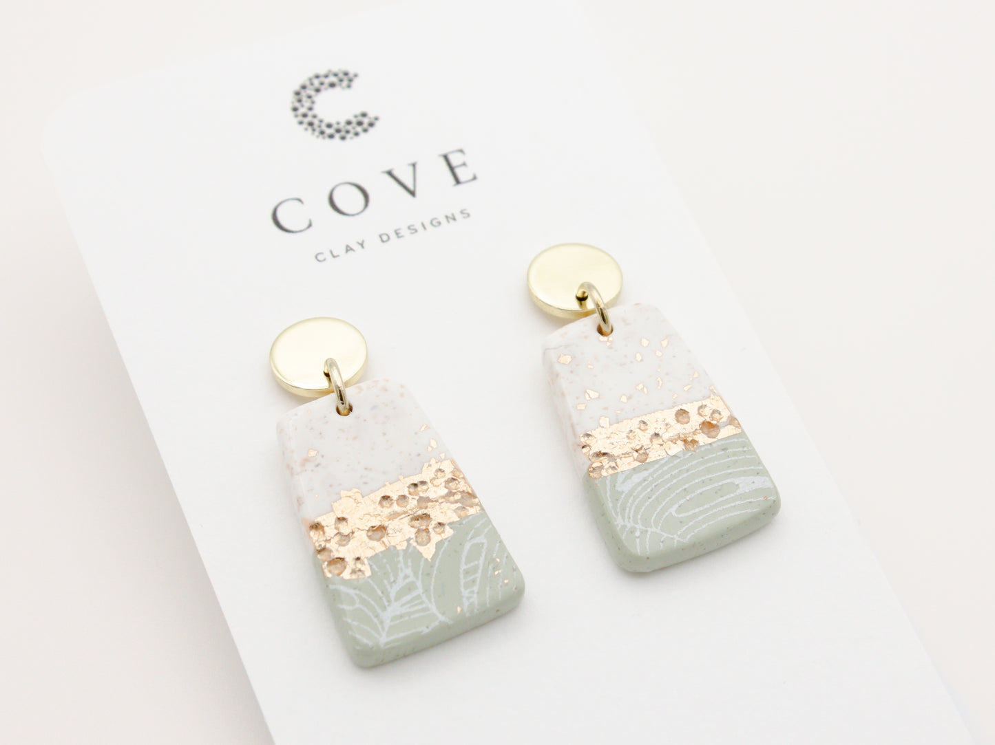 Green, White & Gold Tropical Striped Earrings - Cove Clay Designs