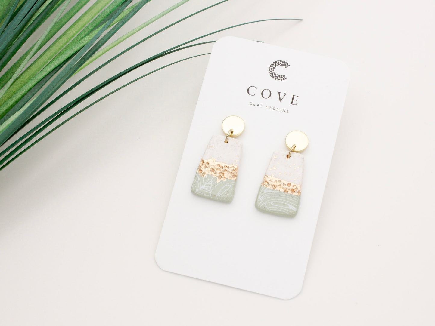 Green, White & Gold Tropical Striped Earrings - Cove Clay Designs